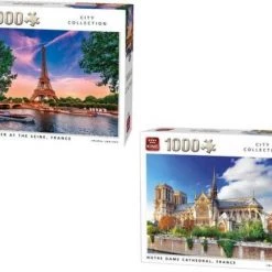 King International King Legpuzzels Volwassenen 1000 Stukjes City Collection - Eiffeltoren Aan De Seine + Notre Dame Kathedraal - Frankrijk | 68 X 49 Cm | Inclusief Unieke En Praktische Rode, Blauw Schrijvende Laserbalpen In Luxe Opbergbox.