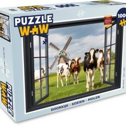 PuzzleWow Puzzel Doorkijk - Koe - Molen - Koeien - Weiland - Gras - Groen - Legpuzzel - Puzzel 1000 Stukjes Volwassenen - Sinterklaas Cadeautjes - Sinterklaas Voor Grote Kinderen