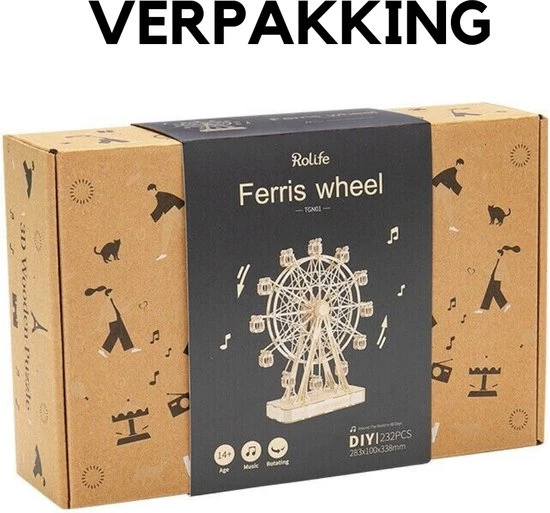 Amerce Houten 3D Puzzel - Reuzenrad – Draaibaar - Muziekdoos – Bruin 3 Amerce Houten 3D Puzzel - Reuzenrad – Draaibaar - Muziekdoos – Bruin